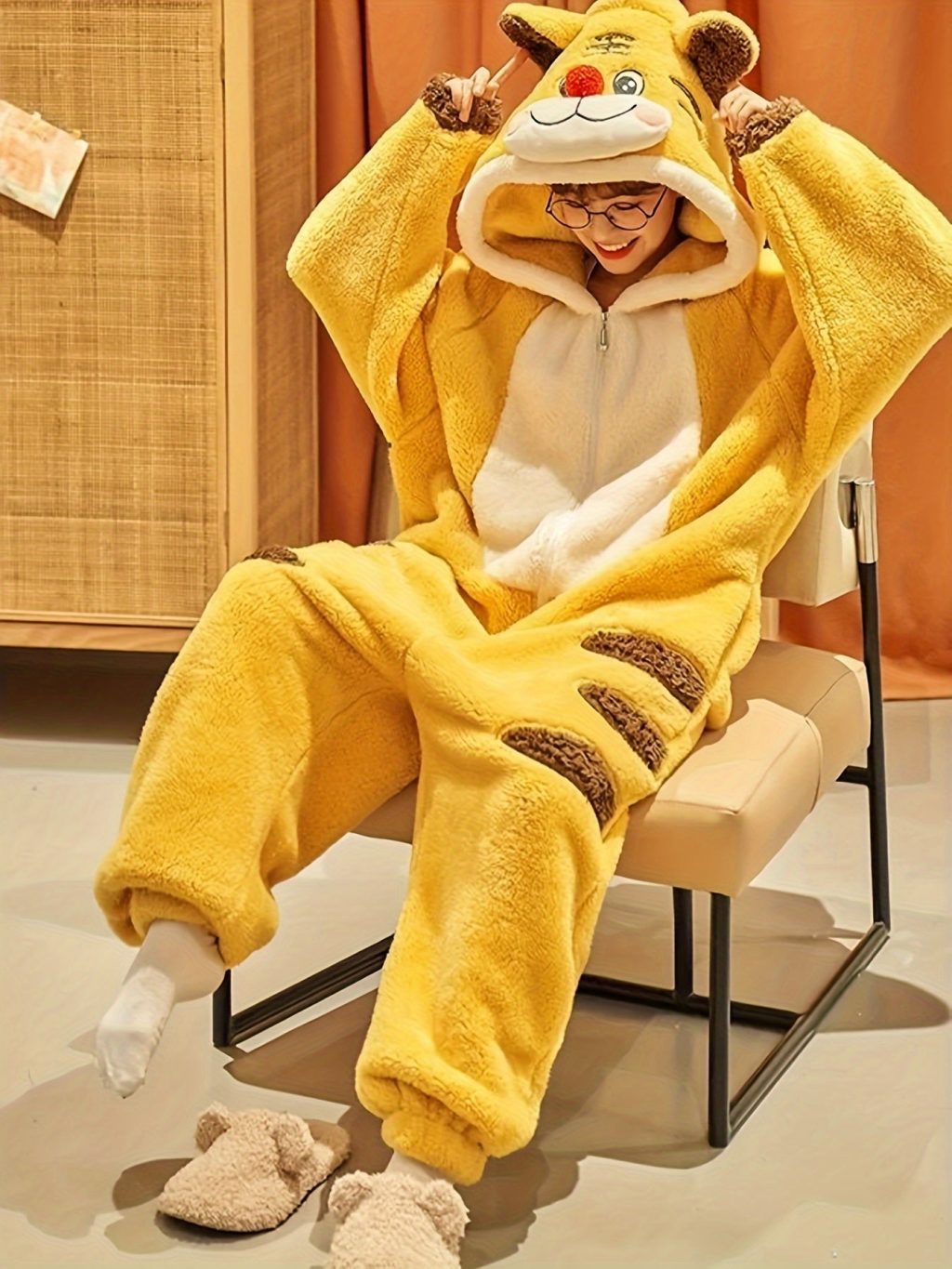 Cartoon Tiger Fuzzy Hooded Night Kigurumi Onesie - Image 7